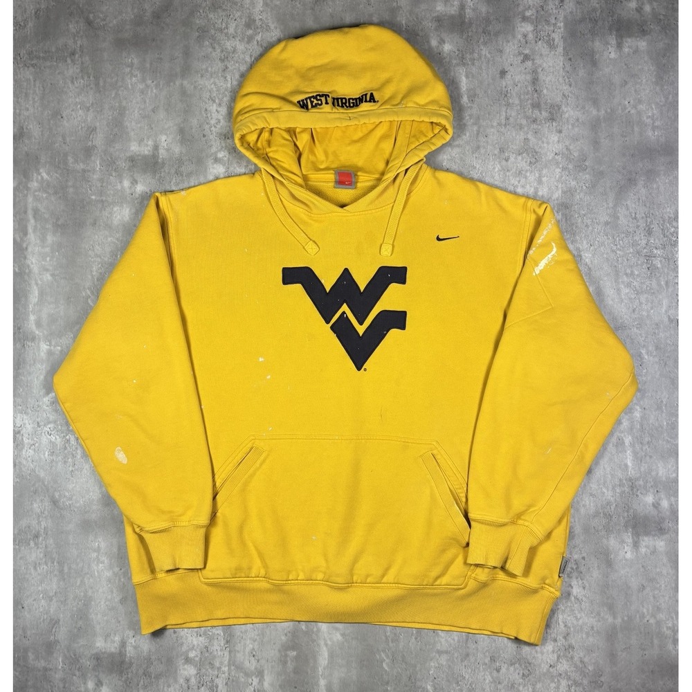 Vintage 90s Nike West Virginia Yellow Pullover Hoodie Size 2XL Distressed